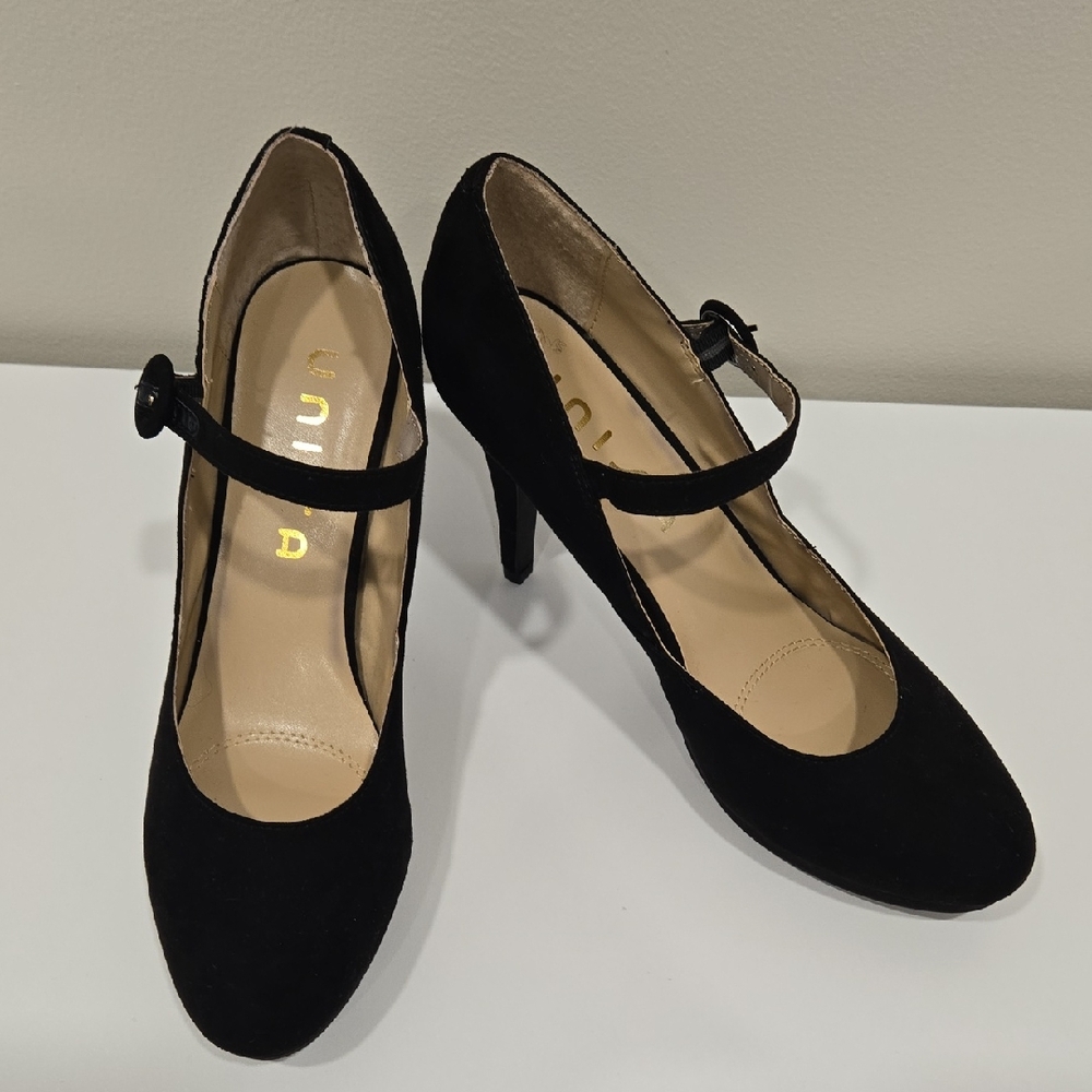Unisa Black Suede Mary Jane Pumps with Ankle Strap